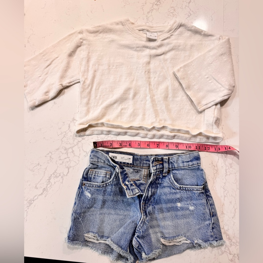 White Cropped Sweater and Blue Denim Shorts size 6-7